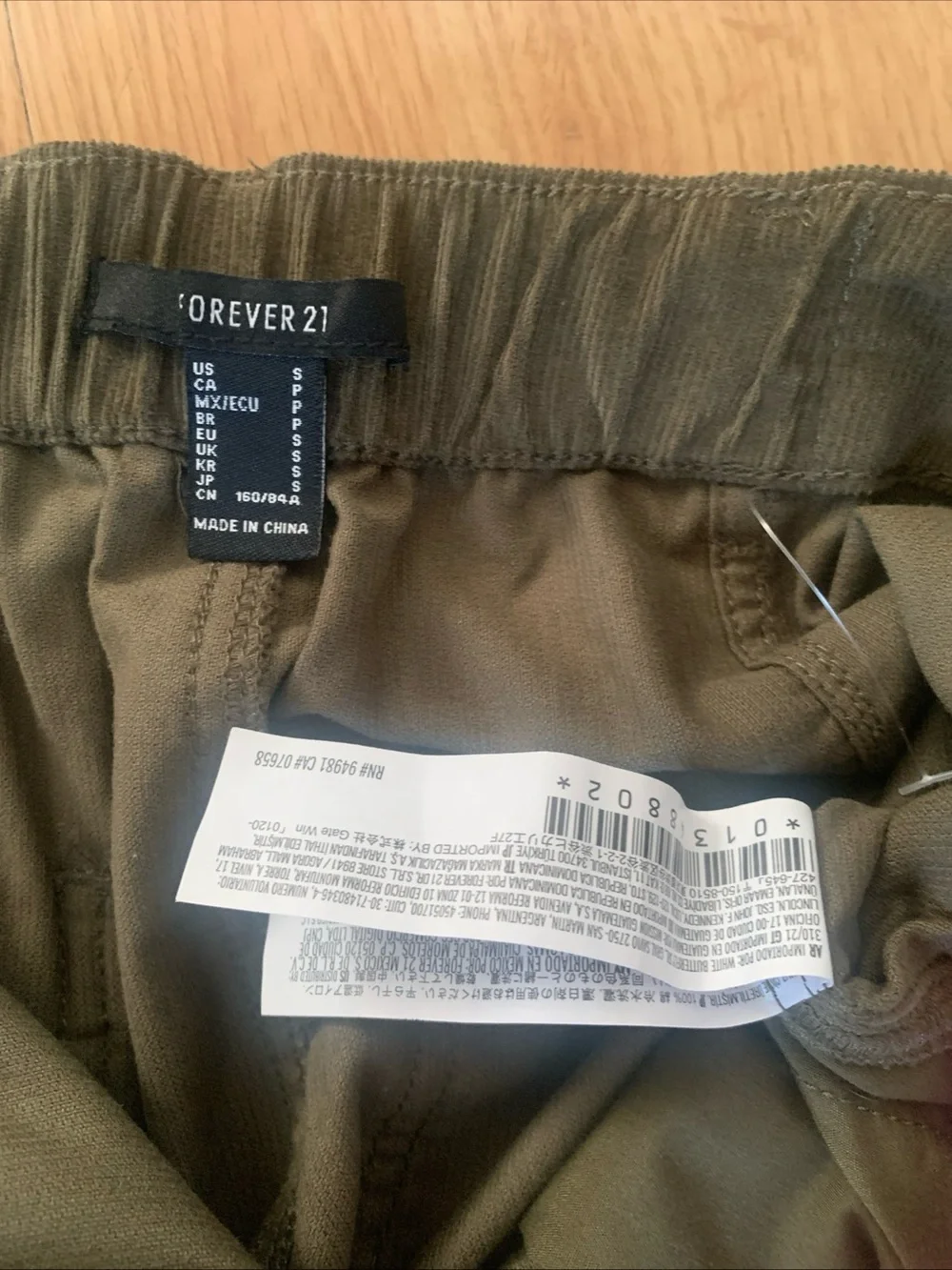Forever 21 Olive Green Corduroy Straight Leg Cargo Pants Hippie Elastic Waist S